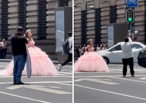 Quincea&ntilde;era aprovecha manifestaci&oacute;n en Eje Central de CDMX para sesi&oacute;n de fotos