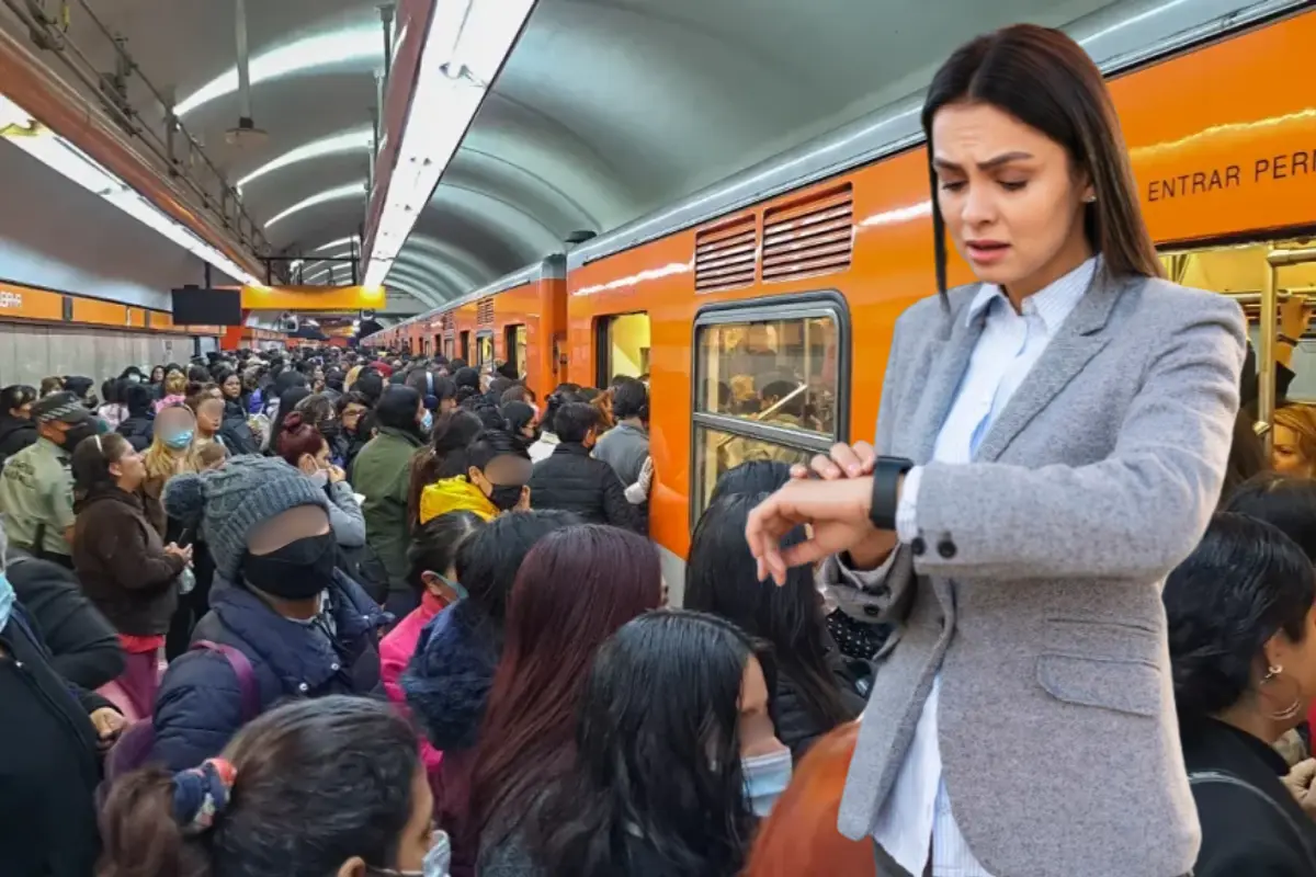 Estación de línea 7 del Metro y mujer mirando el reloj. Foto: @Brulifer y Freepik | Canva