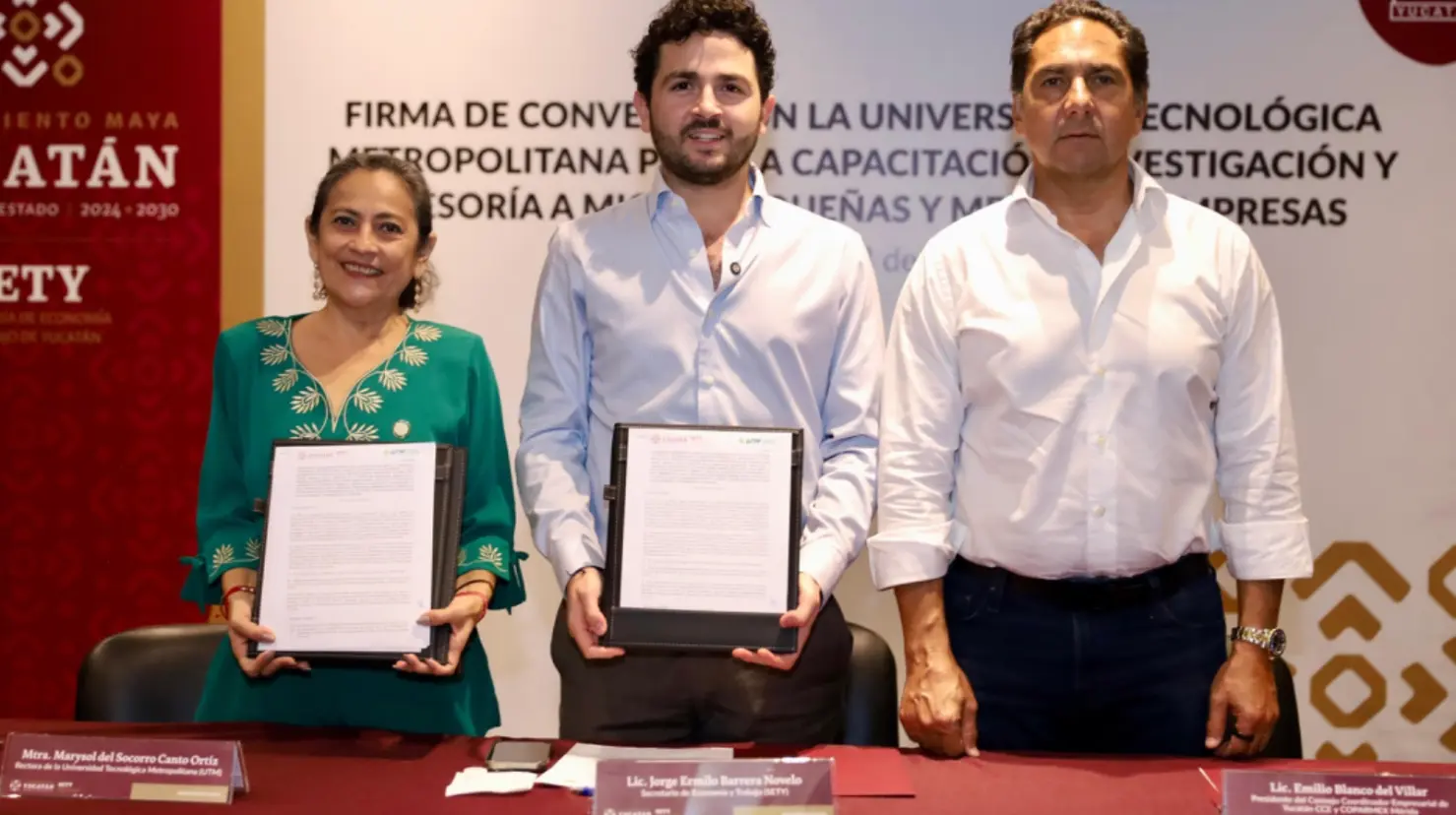 Con la firma de un convenio con la UTM, el Gobierno de Yucatán busca fortalecer a las micro, pequeñas y medianas empresas del estado a través del conocimiento, la investigación y la formación especializad.- Fuente Gobierno del Estado