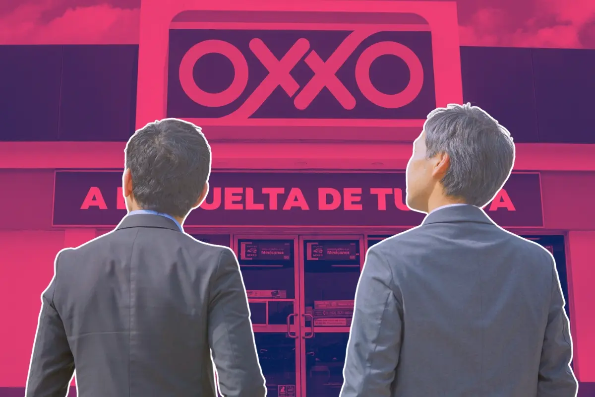 Dos hombre de espaldas y fachada de un Oxxo. Foto: Canva