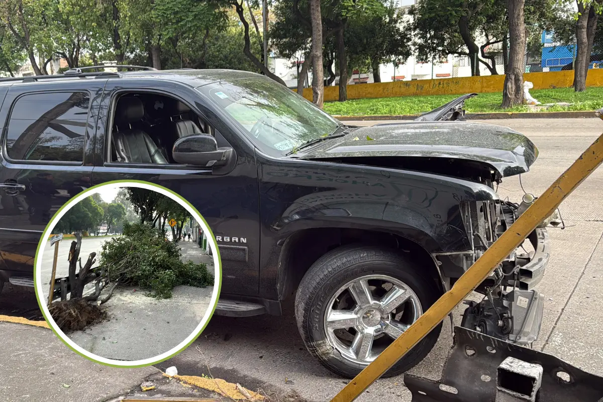 Suburban estrellada en árbol en CDMX. Foto: Ramón Ramírez