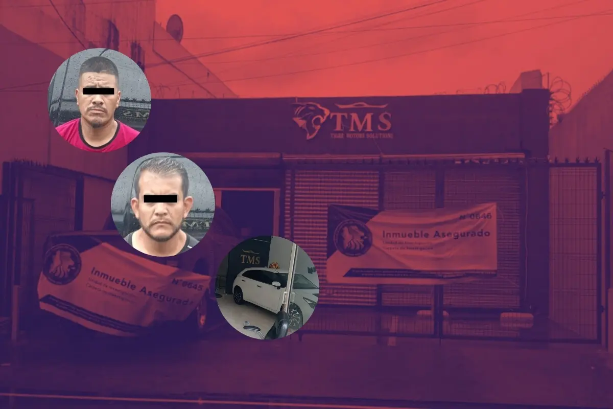 Fachada de TMS y los hombres detenidos. Foto: Composición Canva