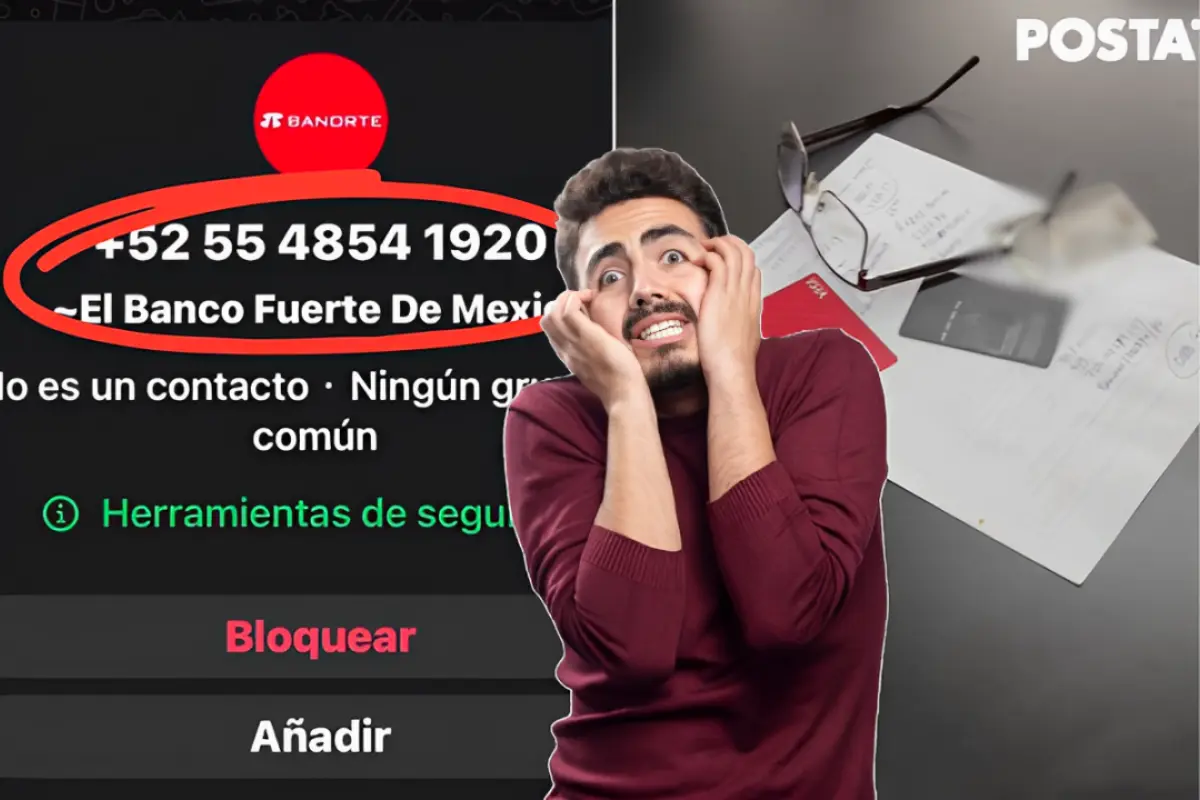 Hombre frustrado al frente de número telefónico y tarjeta del banco. Foto: IG (postacdmx) | Freepik | Canva