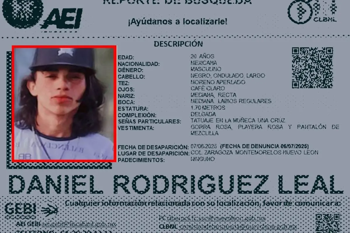 Buscan a Daniel Rodríguez, joven desaparecido en Montemorelos desde junio. Foto: Comisión Local de Búsqueda de Personas
