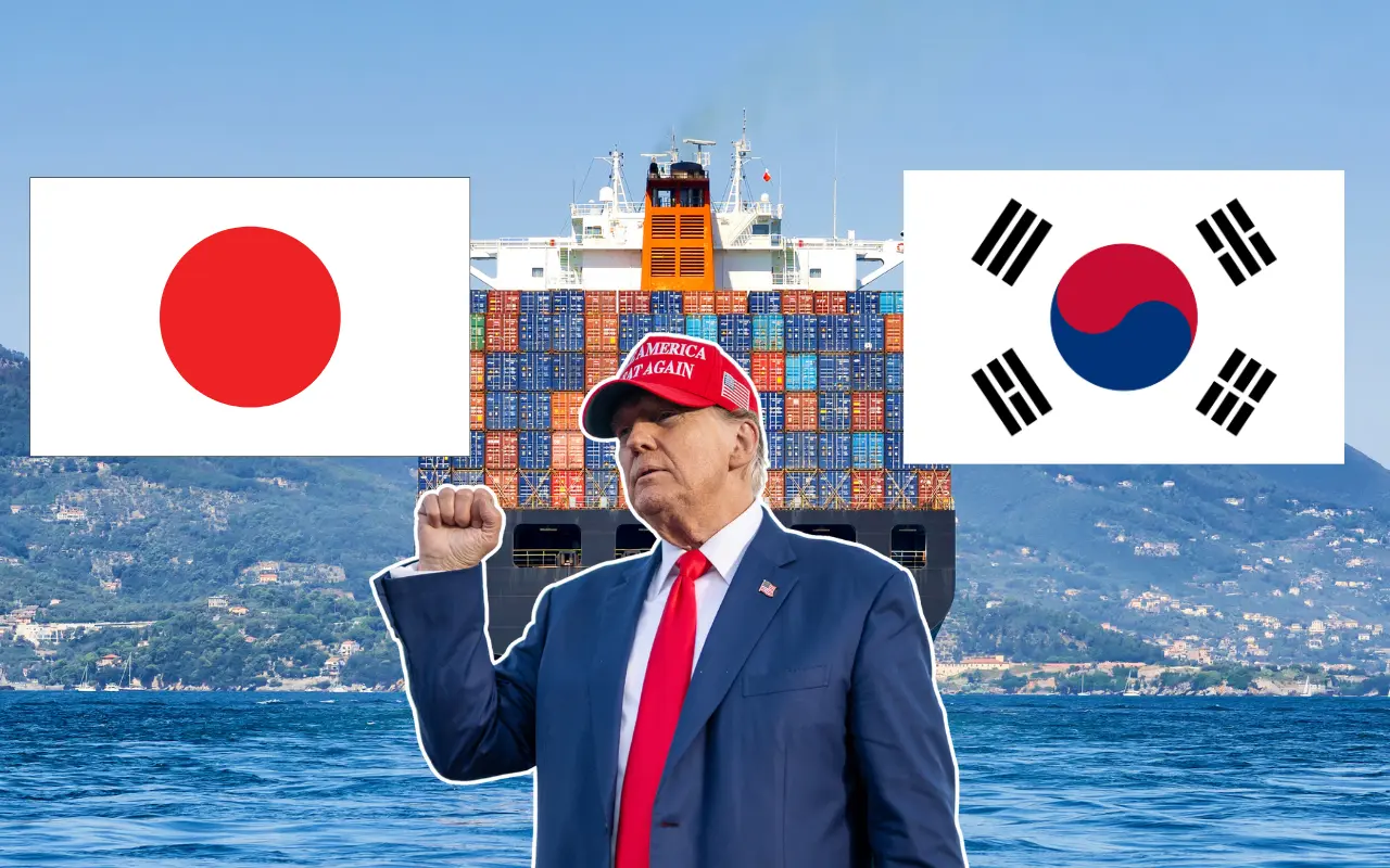 Donald Trump, banderas de Japón y Corea del Sur y embarcación carguera. Foto: Canva / X (@WhiteHouse)