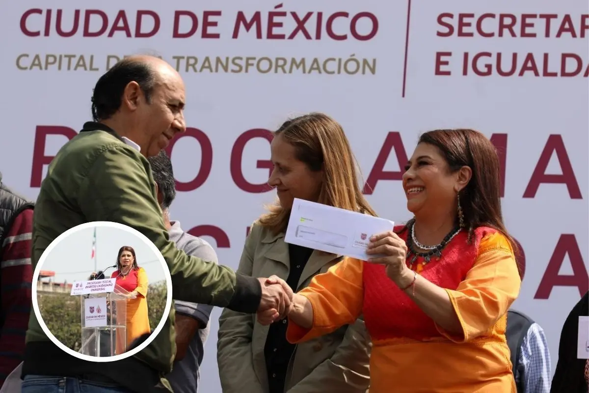 La jefa de Gobierno, Clara Brugada entregando el apoyo económico del programa Ingreso Ciudadano Universal en CDMX. Foto: X (@guerrerochipres) l Canva