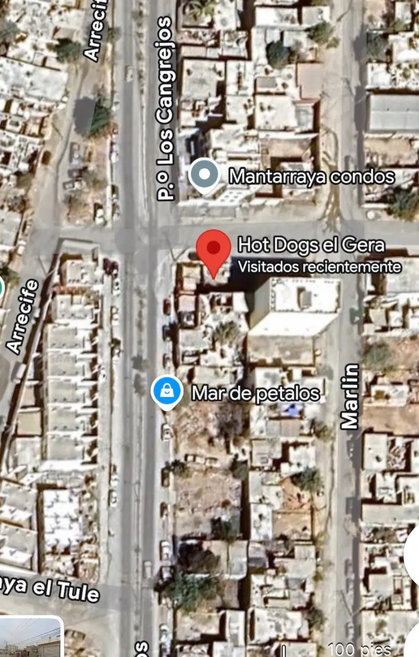 Dirección en Google Maps de Hot dogs El Gera, donde venden el hot dog más grande de Los Cabos.