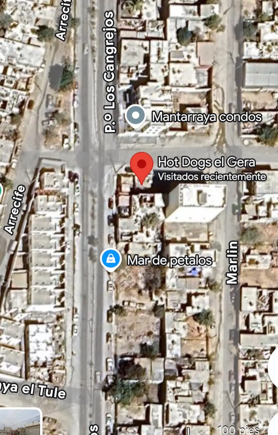 Dirección en Google Maps de Hot dogs El Gera, donde venden el hot dog más grande de Los Cabos.