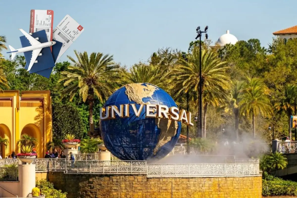 De fondo, Universal Studios Orlando, avión, pasaporte y boletos de avión. Foto: IG (@universalorlando) | Canva