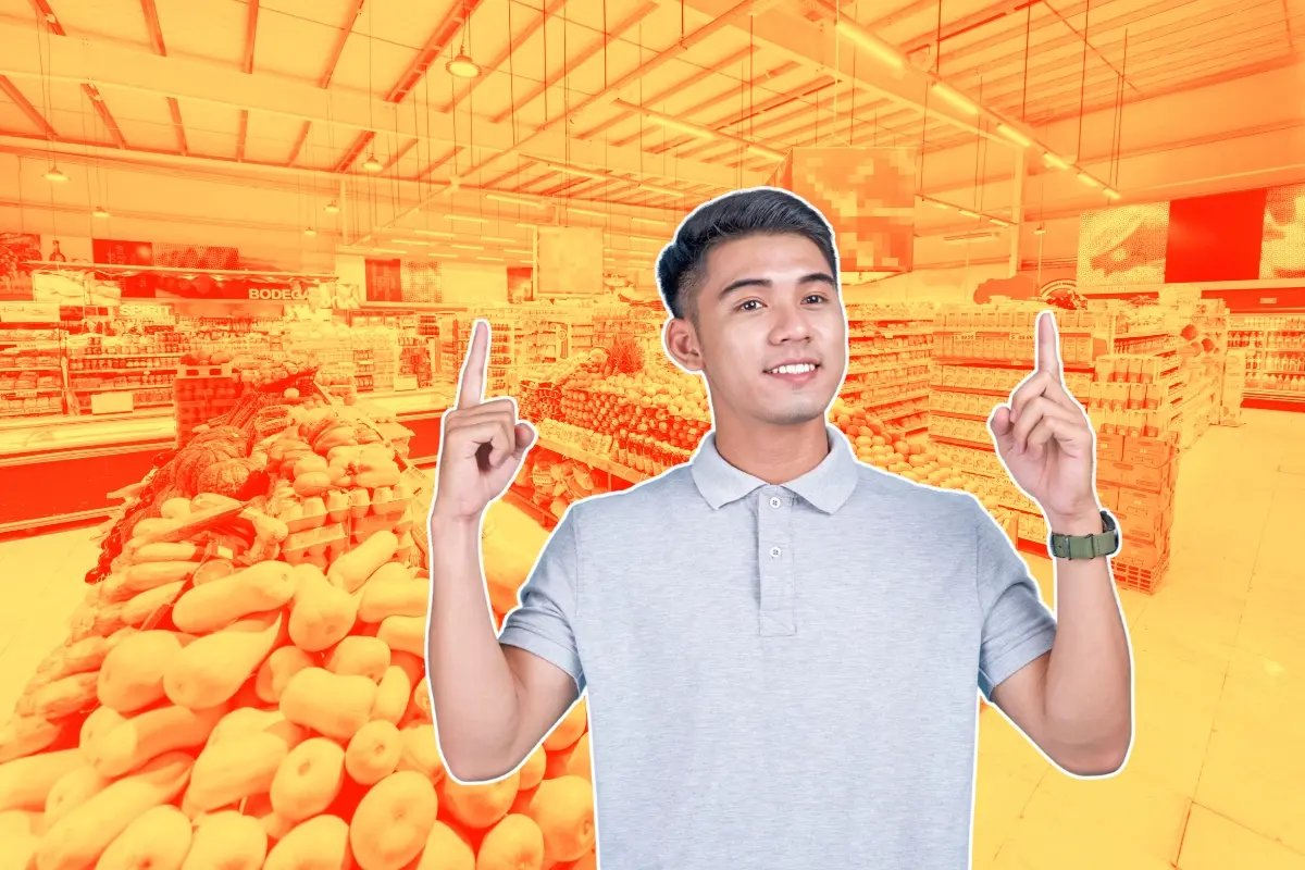Imagen ilustrativa de un supermercado y un hombre señalando. Foto: Canva