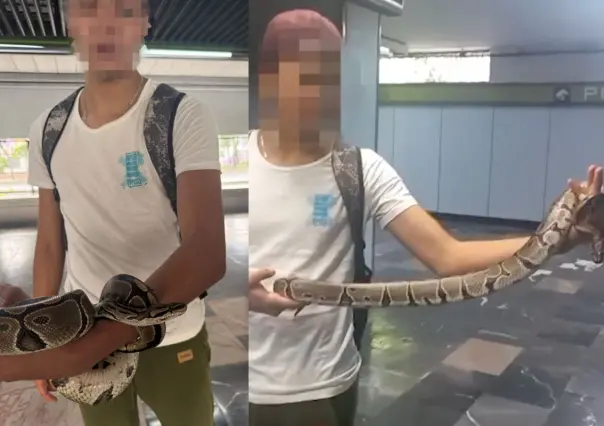 Menor de edad pasea pitón en el Metro de CDMX; lo detienen por no portar correctamente al reptil