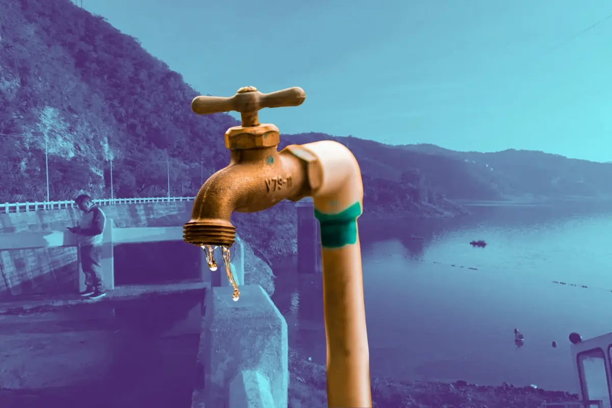 Llave de agua frente a las presas del Cutzamala. Foto: X (@AguaCapitalOrg) | Canva