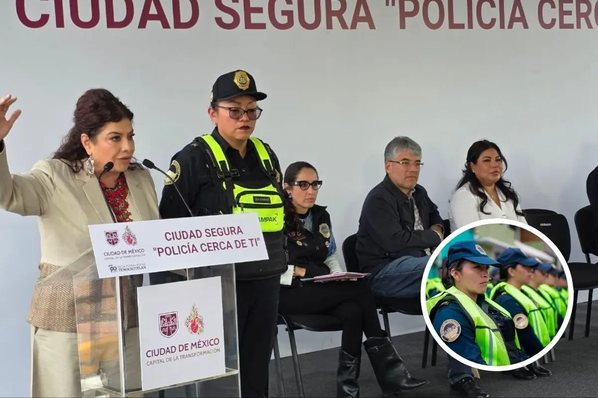 Clara Brugada presentando ‘Policía Cerca de Ti’ en CDMX. Foto: Gobierno CDMX | Canva