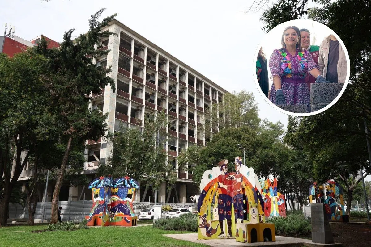Edificio de vivienda en CDMX con Clara Brugada al frente. Foto: Gobierno CDMX | Canva