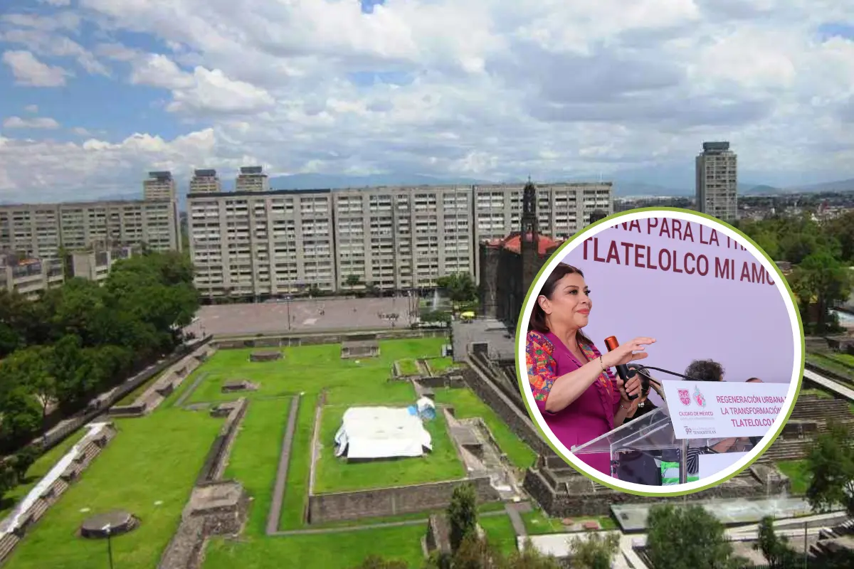 Unidad Tlatelolco y Jefa de Gobierno Clara Brugada. Foto: Centro Urbano y @ClaraBrugadaM | Canva