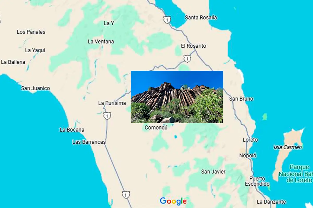 Los Prismas Basálticos en Los Comondú son una formación rocosa de caprichosas formas que ha atraído a los turistas a la sierra comundeña. Foto: Google Maps | Marcelino Sánchez.