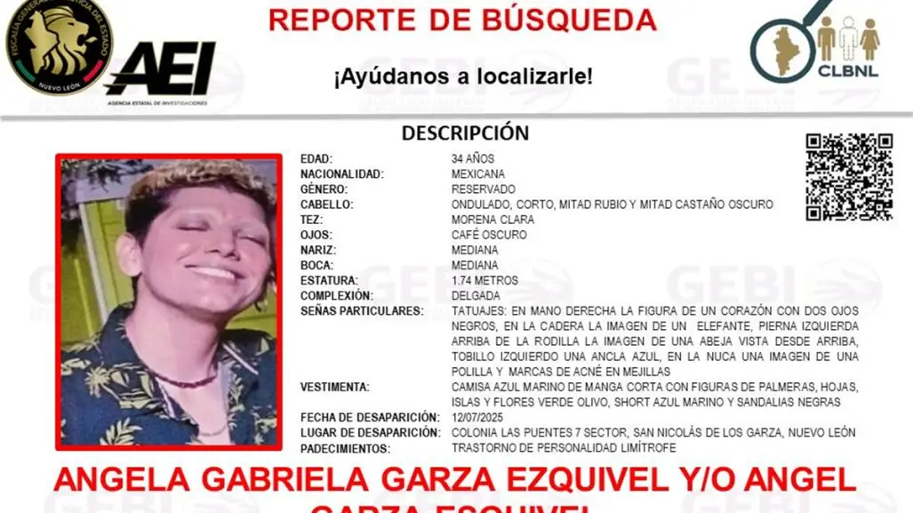 Emiten reporte de búsqueda para localizar a Ánge en Nuevo León