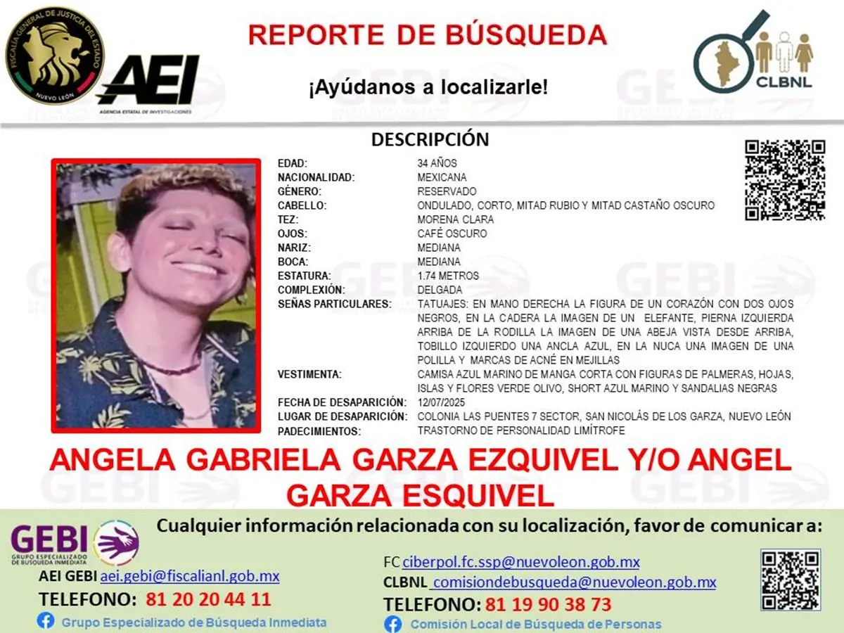 Ángela Gabriela Garza Esquivel y/o Ángel Garza Esquivel, de 34 años de edad, desapareció el pasado 12 de julio de 2025 en la colonia Las Puentes, séptimo sector, del municipio de San Nicolás de los Garza. Foto: Facebook Grupo Especializado de Búsqueda Inmediata