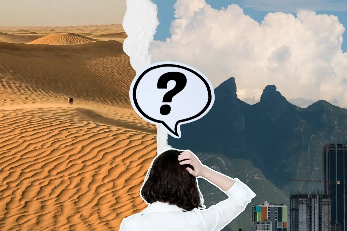 Un desierto, el cerro de la Silla y una mujer de espaldas. Foto: Canva