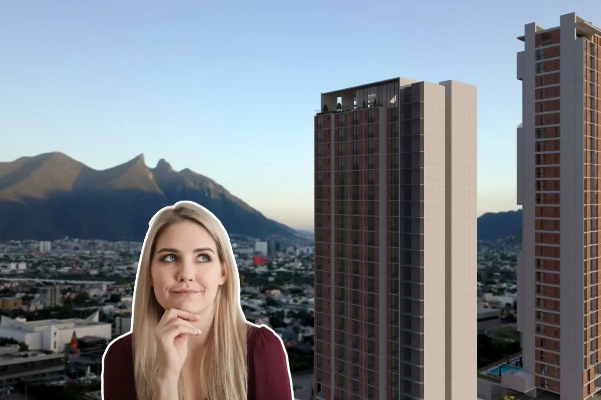 Torres de departamentos en Barrio Antiguo de Monterrey y una mujer. Foto: Canva