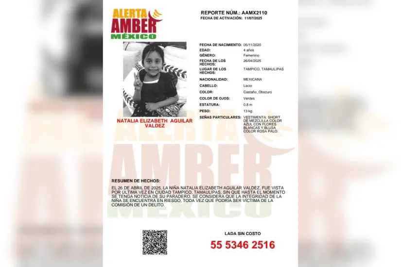 Alerta Amber emitida para localizar a la menor Natalia Elizabeth Aguilar Valdez. Foto: Axel Hassel