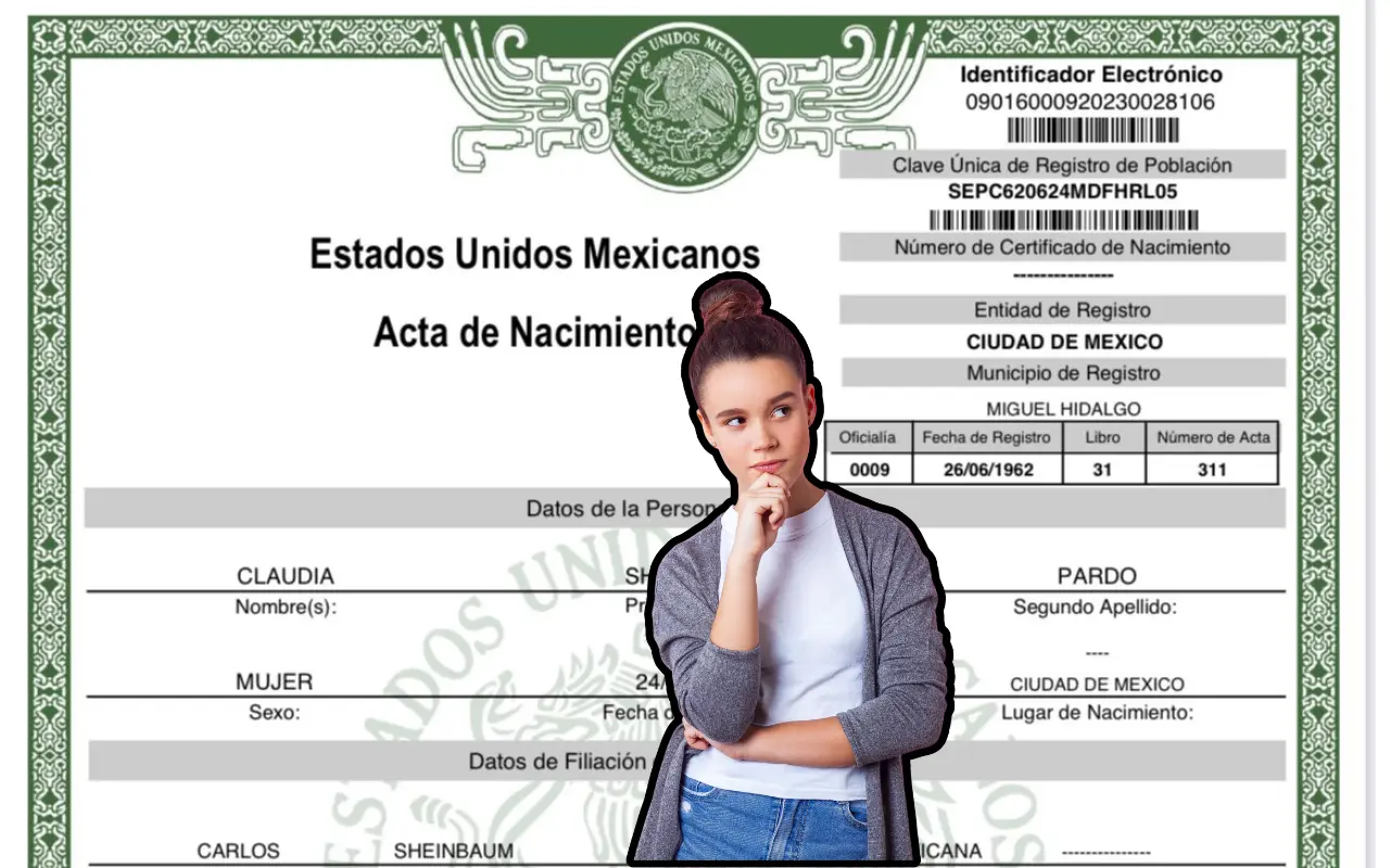 Acta de nacimiento de Claudia Sheinbaum y persona dudando. Foto: X (@Claudiashein) / Canva