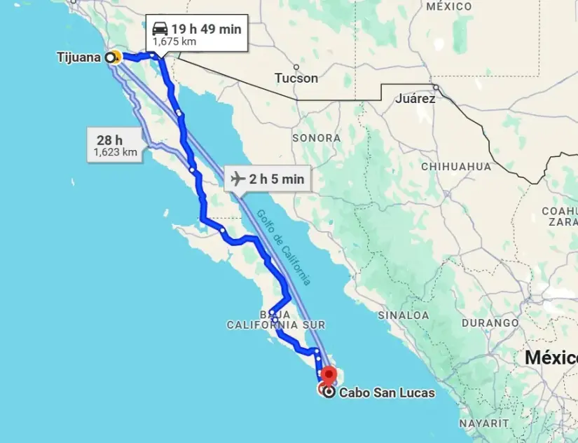 Distancia de Tijuana a Los Cabos. Foto: Google Maps.