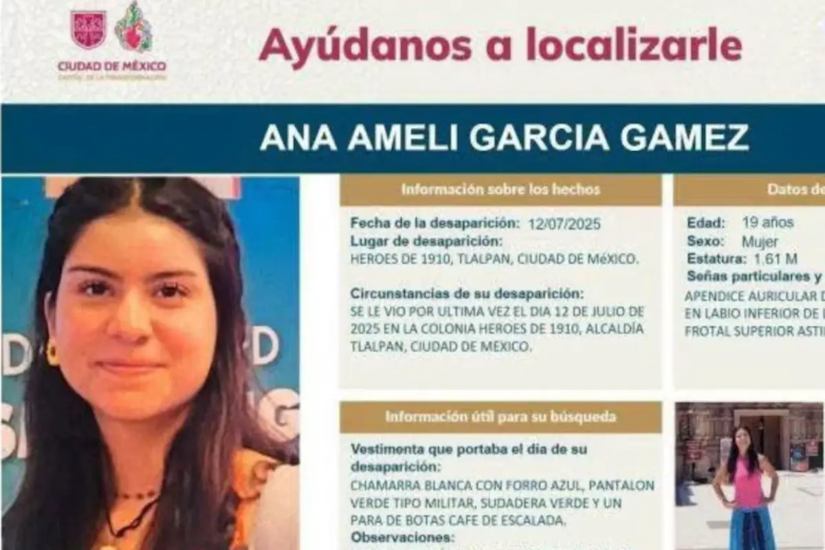 Ficha de búsqueda de Ana Ameli García Gámez, desaparecida en el Ajusco, CDMX. Foto: x @tlalpanal