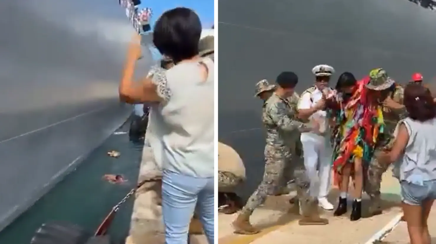 Joven cae al mar durante ceremonia de despedida de buque japonés en Acapulco. Foto: X (@esprimeralinea)