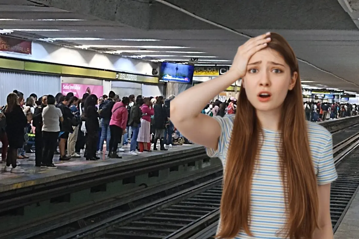 Marcha lenta en el Metro de CDMX y chica preocupada. Foto: @Elrromanov | Canva