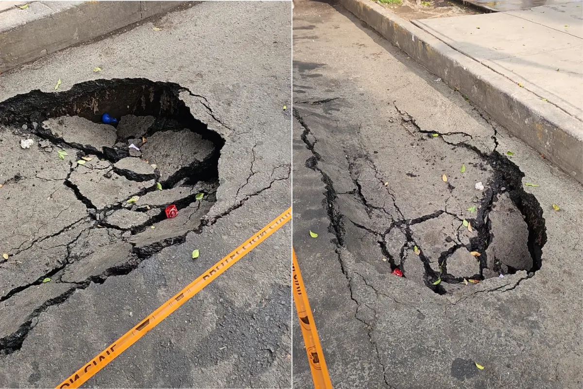 Socavón en la alcaldía Iztacalco de CDMX.         Foto: Ramón Ramírez