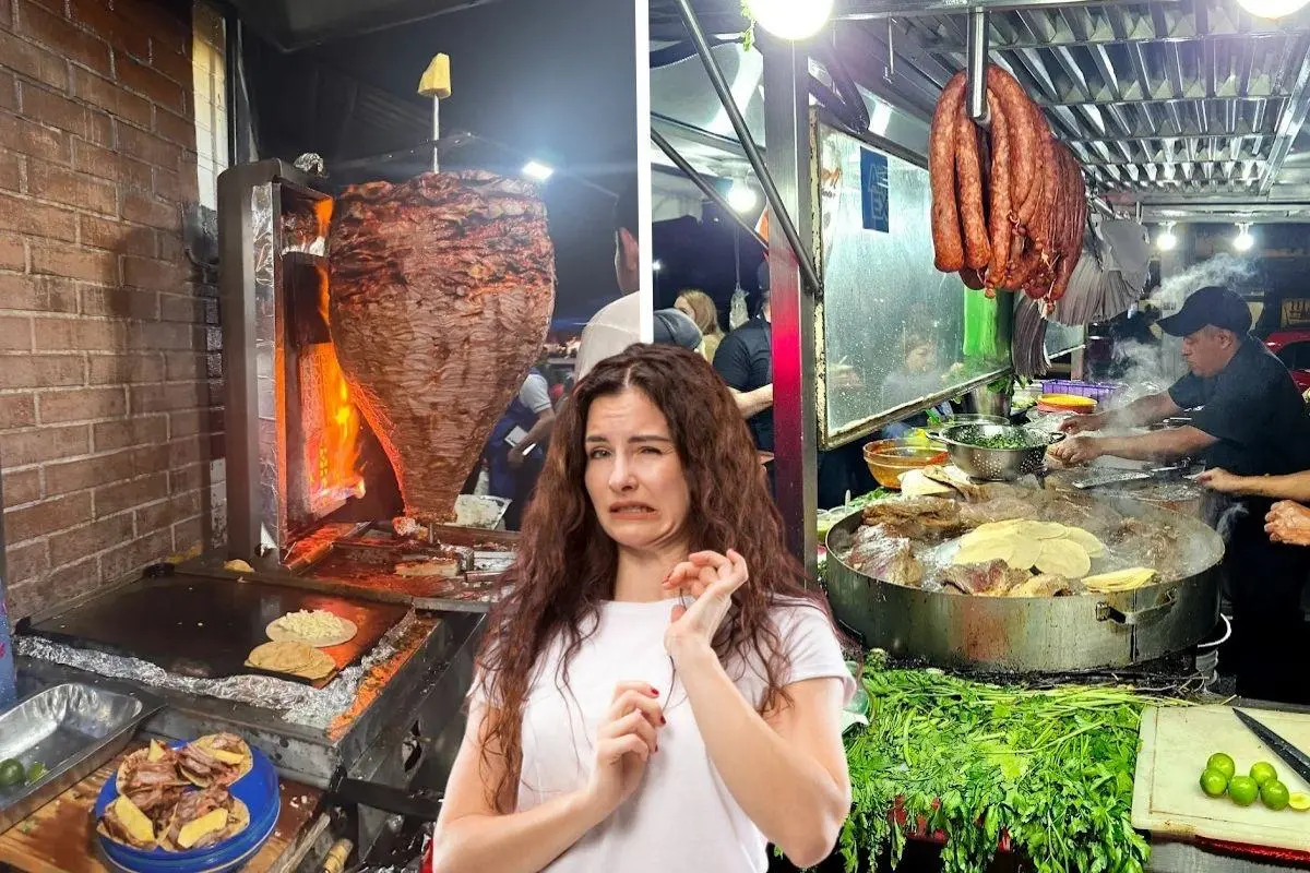 Mujer con gesto de desagrado frente a un puesto de tacos.    Foto: Google Maps | Canva