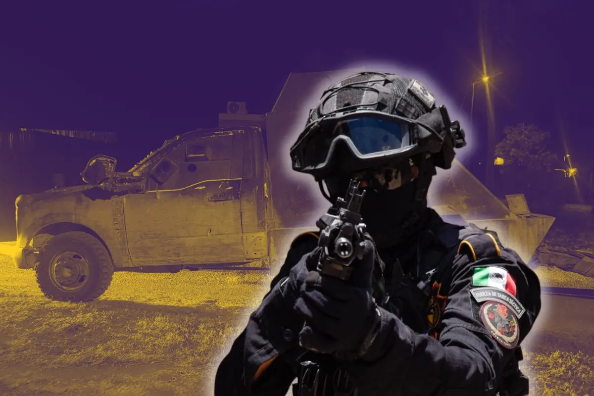 Un elemento de Fuerza Civil y una camioneta artesanal asegurada. Foto: Composición Canva