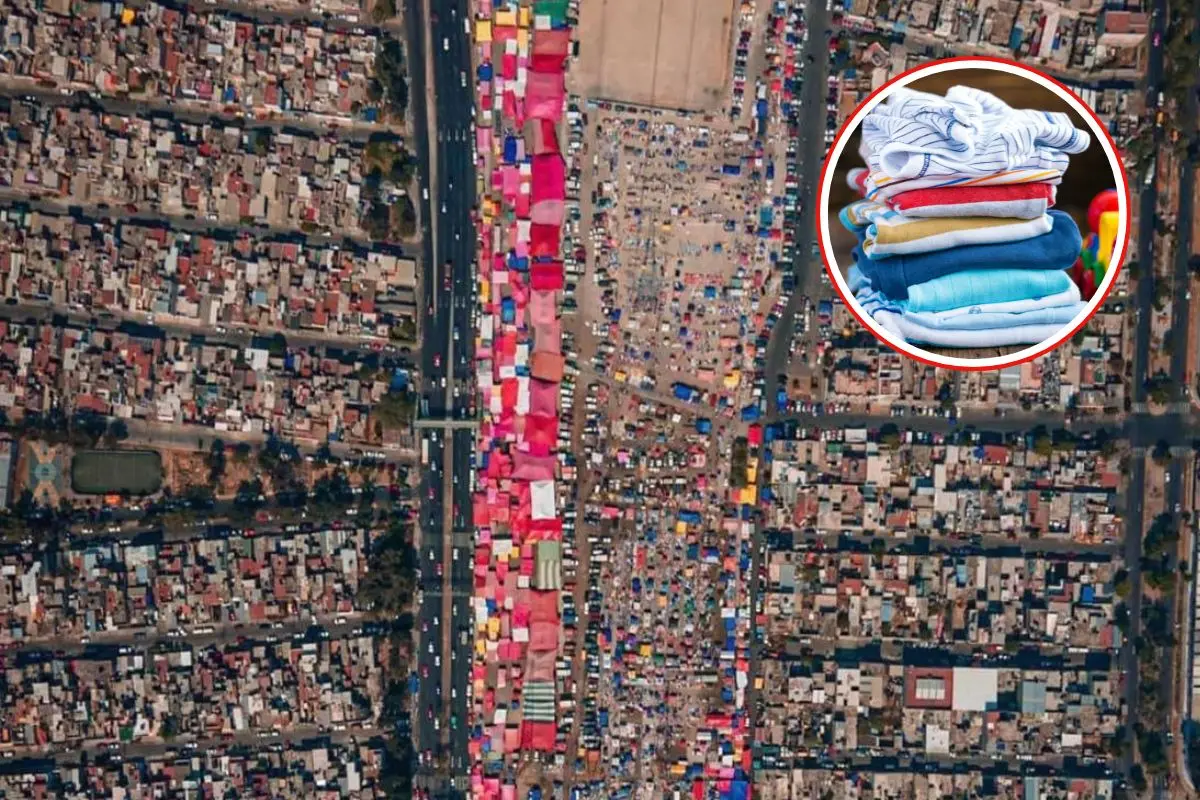 Vista aérea del tianguis de las Torres, ropa de bebé. Foto: Facebook (@WTF CDMX) | Canva
