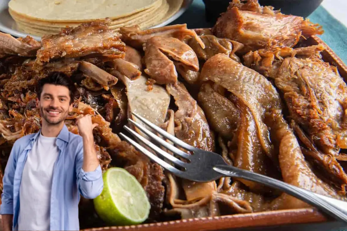 Chico señalando el plato de carnitas. Foto: animalgourmet.com y Freepik| Cana