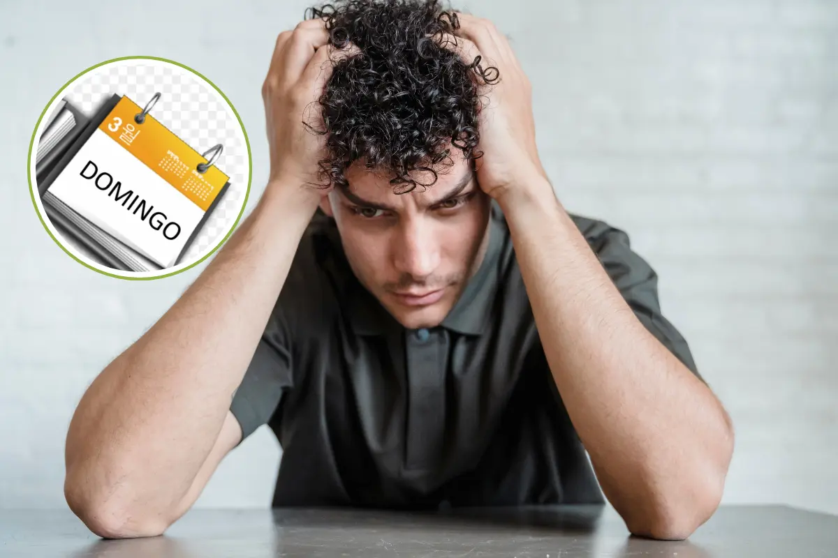 Hombre con Síndrome del Domingo y calendario señalando el domingo. Foto: Canva