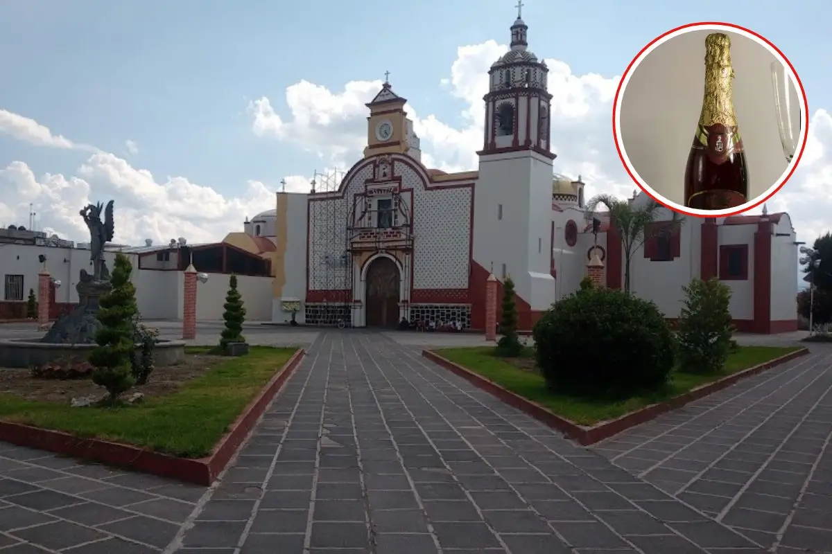 Parroquia San Miguel arcángel en Huejotzingo, una botella de sidra Foto: Google Maps | Facebook (@Huejotzingo, Pueblo Mágico) | Canva