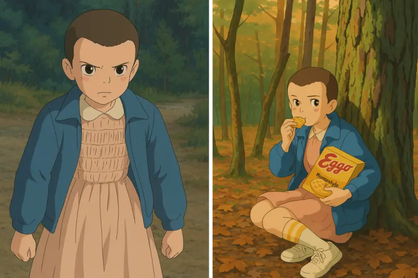 Imagina a Eleven enfrentando criaturas mágicas en un fascinante mundo animado inspirado en las obras de Studio Ghibli. Foto: anva / Dall-E
