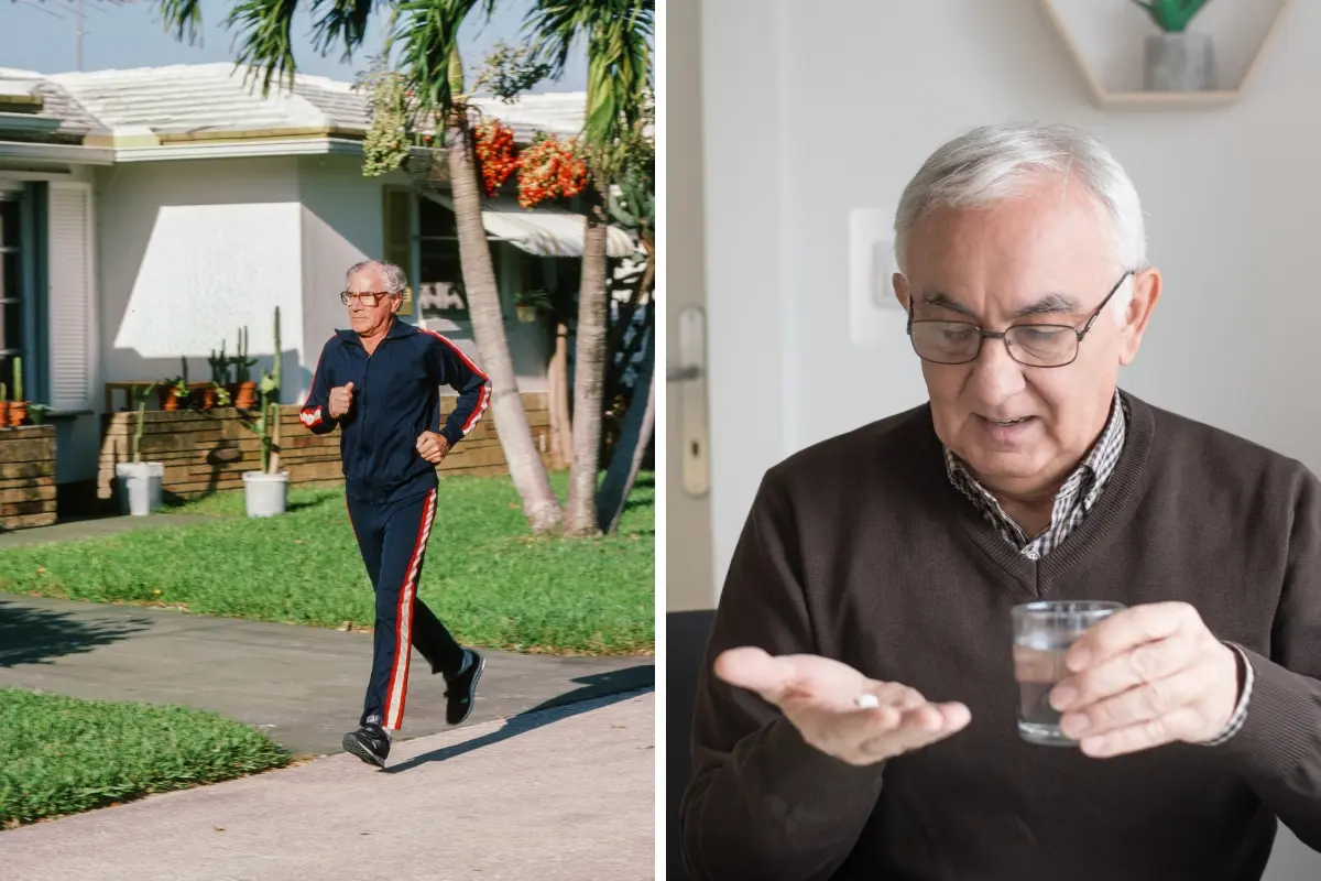 Un adulto mayor haciendo ejercicio y otro tomando medicamentos. Foto: Canva