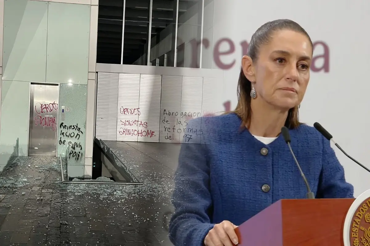 MUAC vandalizado durante marcha contra la gentrificación, presidenta Claudia Sheinbaum.  Foto: SS @ClaudiaSheinbaumP | X (@dontomini) | Canva