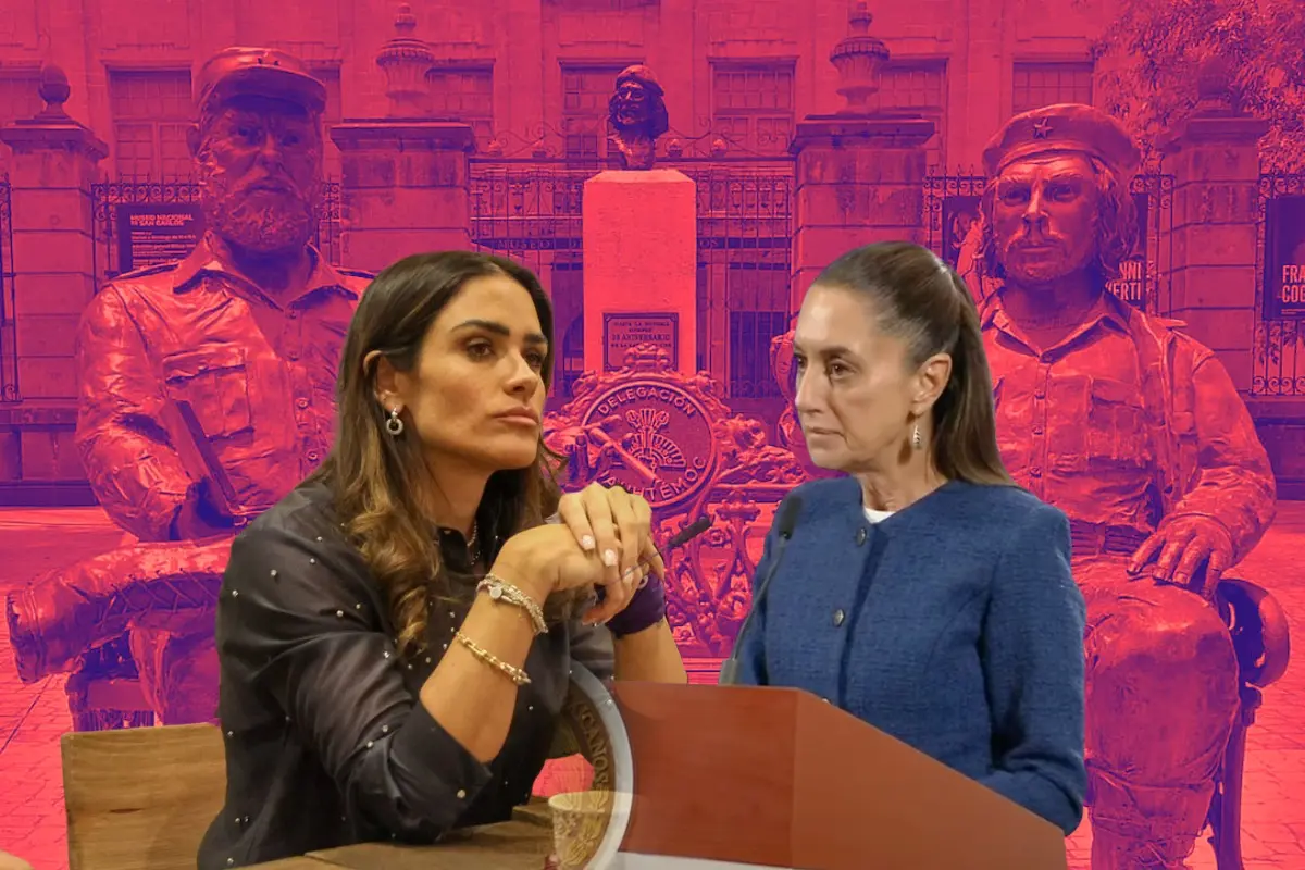 De fondo estatuas de Fidel Castro y Che Guevara en CDMX, presidenta Claudia Sheinbaum, Alessandra Rojo de la Vega. Foto: SS (@ClaudiaSheinbaumP) | FB Alessandra Rojo de la Vega | X (@Asmodaeus666) | Canva