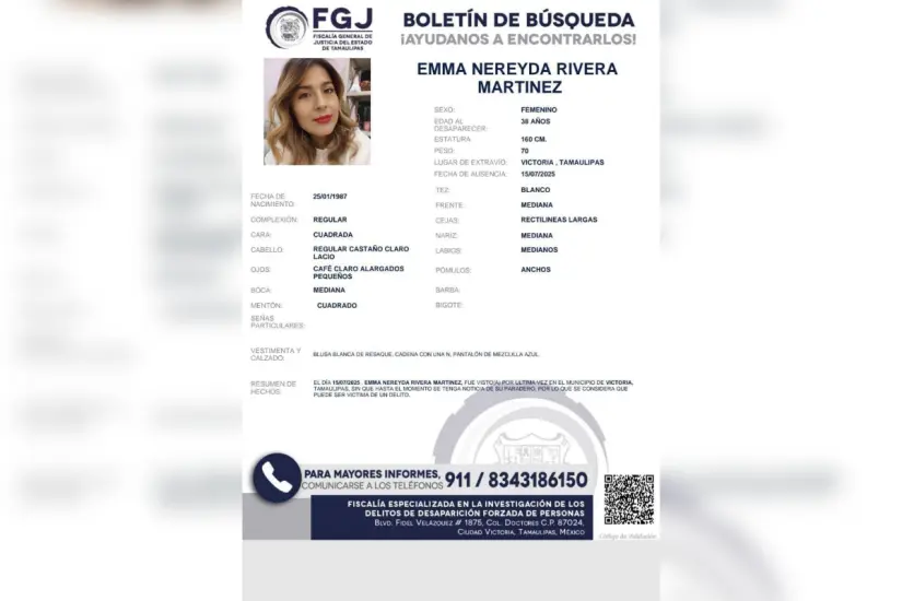 Ficha de búsqueda emitida por la Fiscalía estatal. Foto: FGJT