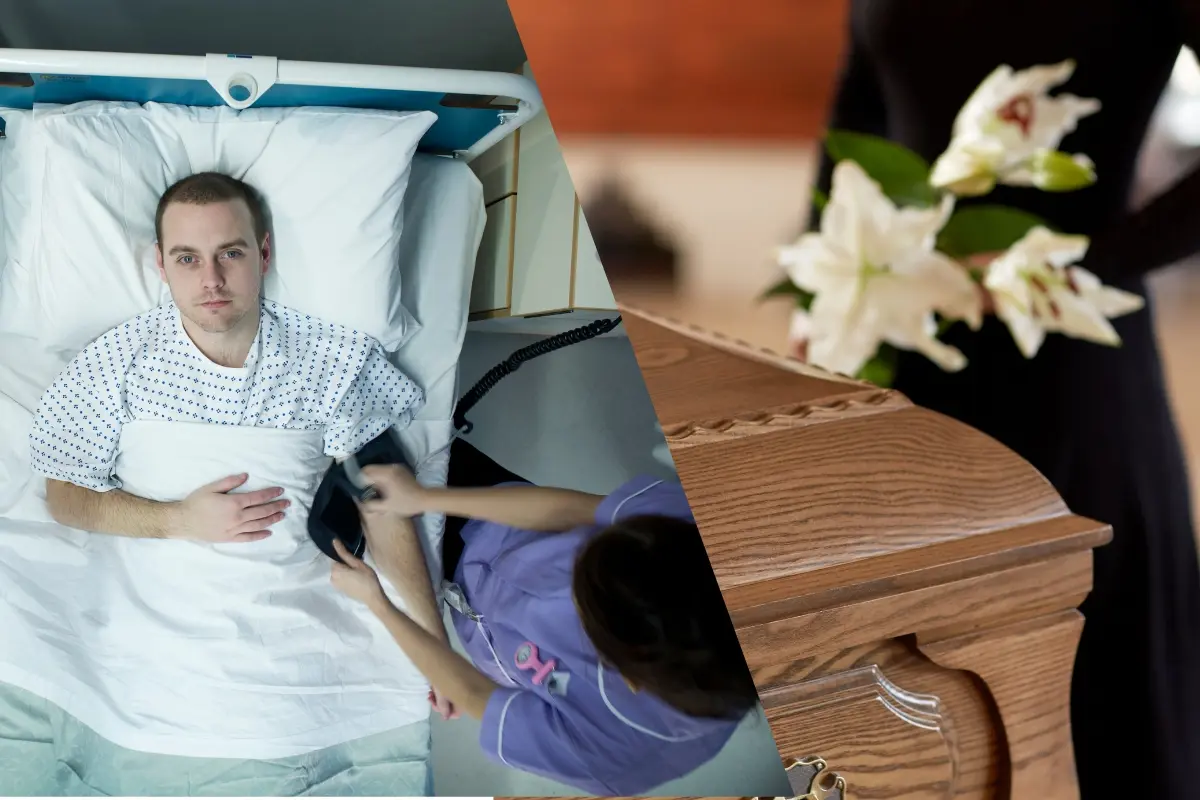 Un hombre en un hospital y un funeral. Foto: Canva
