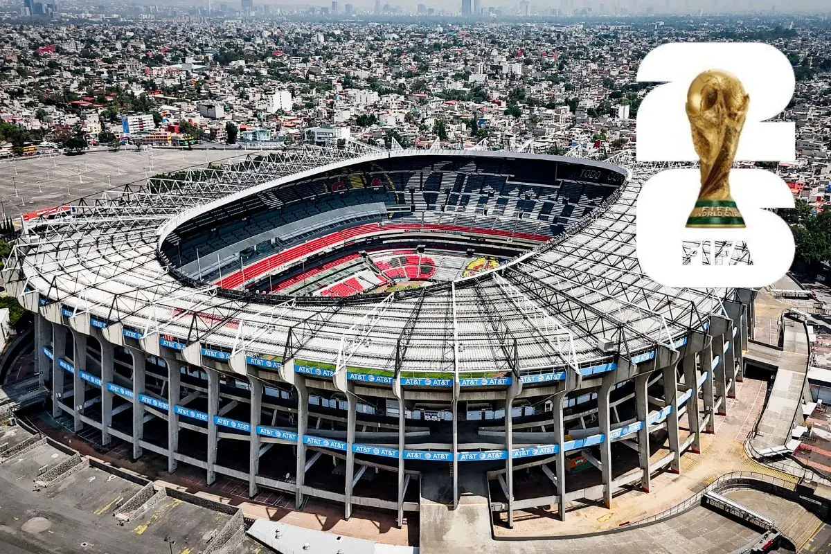 Vista del Estadio Azteca, logo del FIFA 2026. Foto: Estadio Azteca | FIFA | Canva