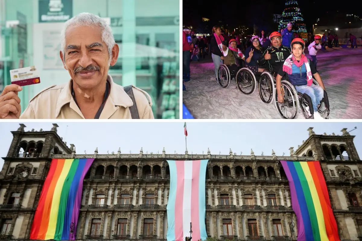 Persona de la tercera edad, personas en silla de ruedas y palacio de Gobierno de CDMX.    Foto: Gobierno CDMX | Canva