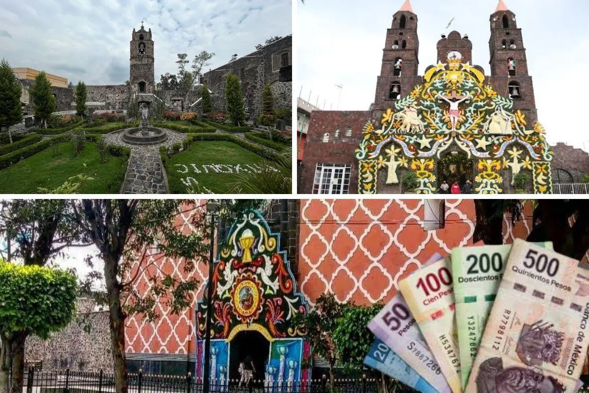 Iglesia de la alcaldía Tláhuac en y billetes al frente.     Foto: Alcaldía Tláhuac | Canva