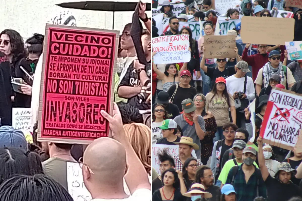 Participantes de la marcha contra la gentrificación en CDMX.      Foto: X (@arlinmedrano_) | X (@YoXLas40Horas2) | Canva