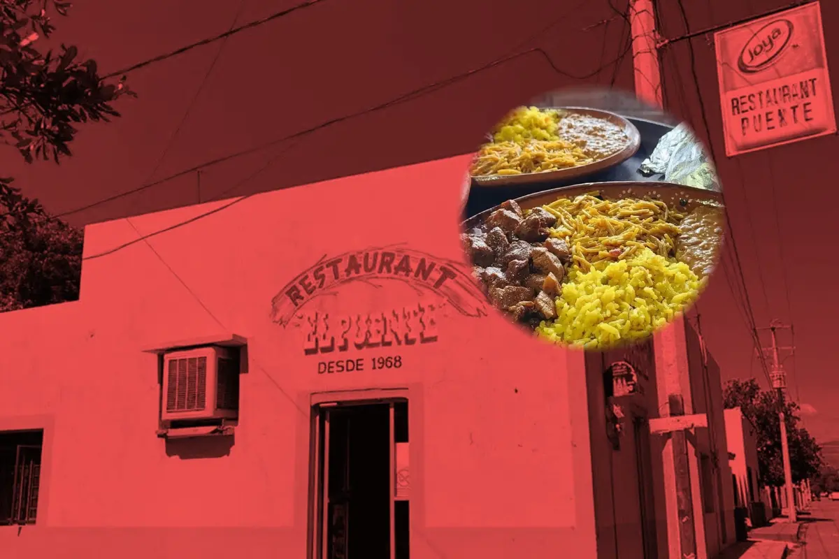 Un restaurante en el municipio de Hualahuises y un plato con comida. Foto: Composición Canva