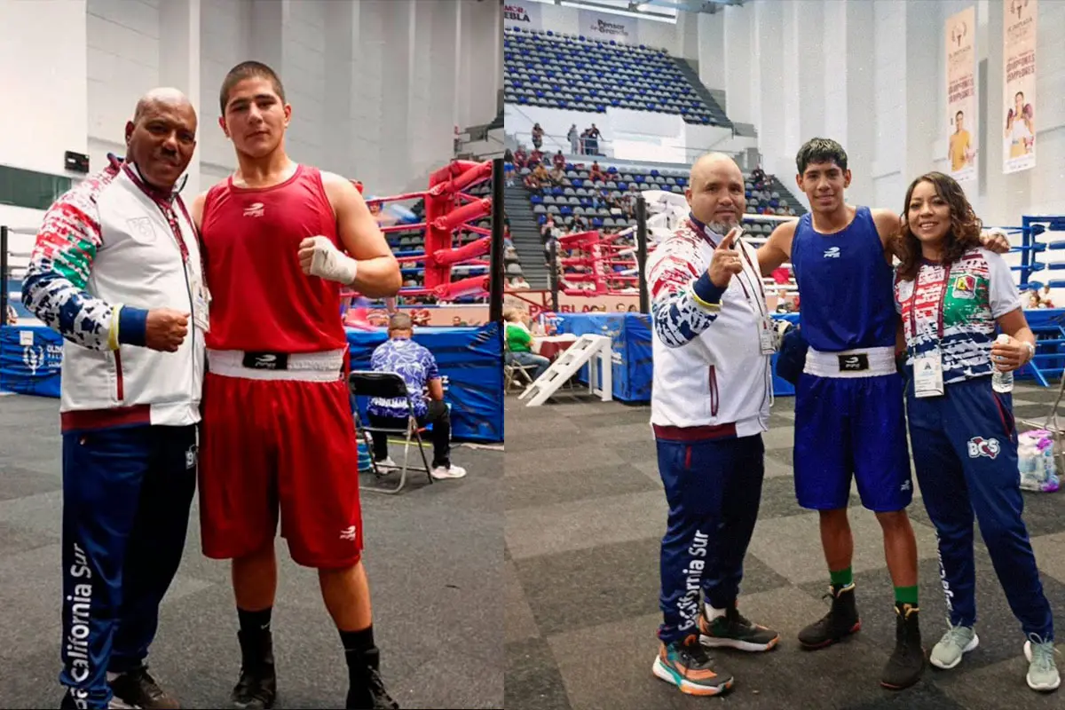 Alexander Chano, Mario Arriola y Luis Gutiérrez, los boxeadores sudcalifornianos de oro en la Olimpiada Nacional 2025. Fotos: Facebook de Insude.