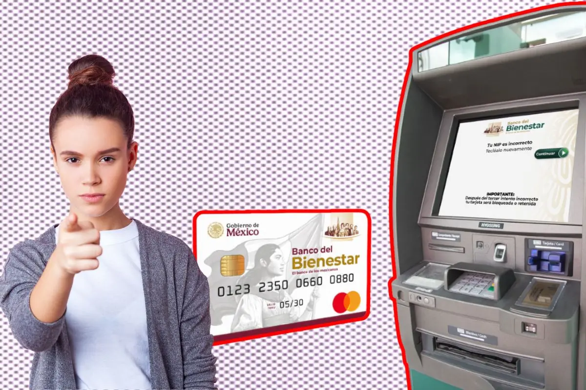 Mujer apuntando con una tarjeta y un Banco del Bienestar Foto: Canva
